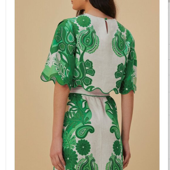 MATCHING SET | Farm Rio Green Color Festival Euroflax Blouse & Skirt Set, Size L - Picture 3 of 7